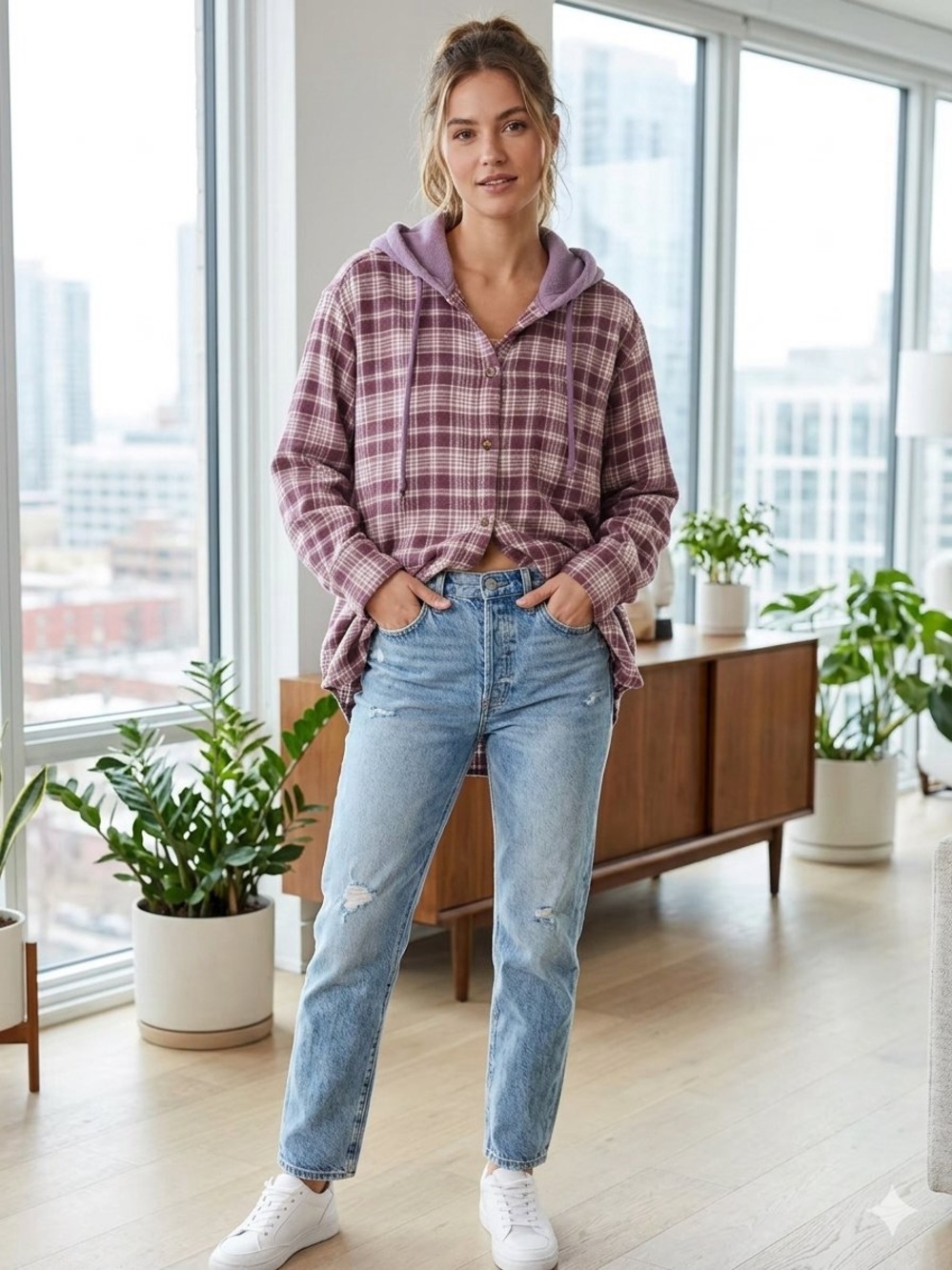 American Eagle Outfitters Purple Plaid Hoodie Shirt